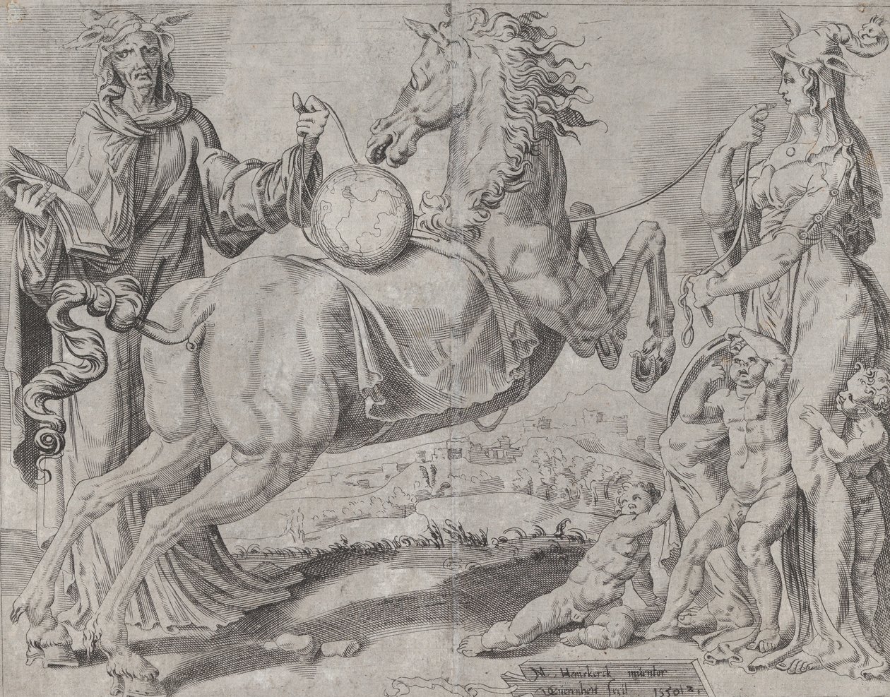 Conocimiento tonto y amor tonto tratando de contener el mundo, de El mundo desenfrenado, 1550 de Dirck Volkertsen Coornhert