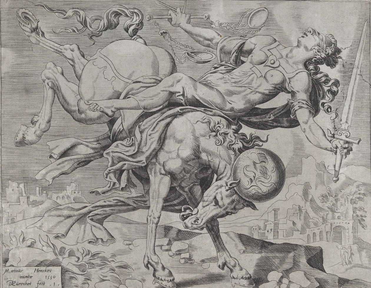El mundo disponiendo de la justicia, de El mundo desenfrenado, lámina 1, 1550 de Dirck Volkertsen Coornhert