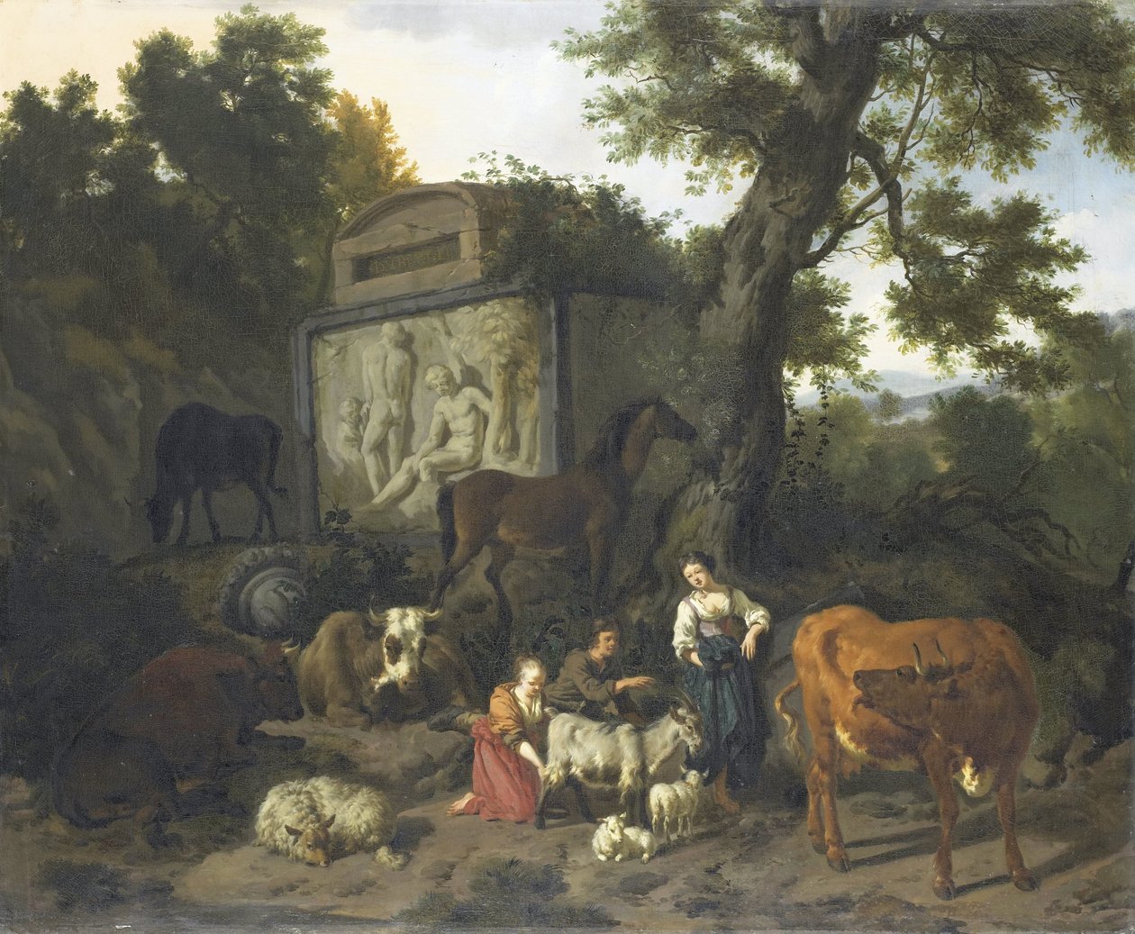 Paisaje con pastores y ganado cerca de una tumba de Dirck van Bergen