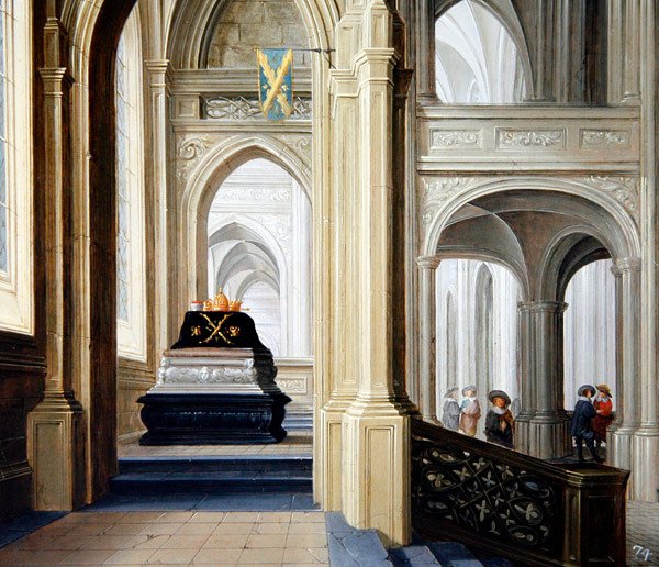 Interior de una iglesia con una tumba real de Dirck van Delen