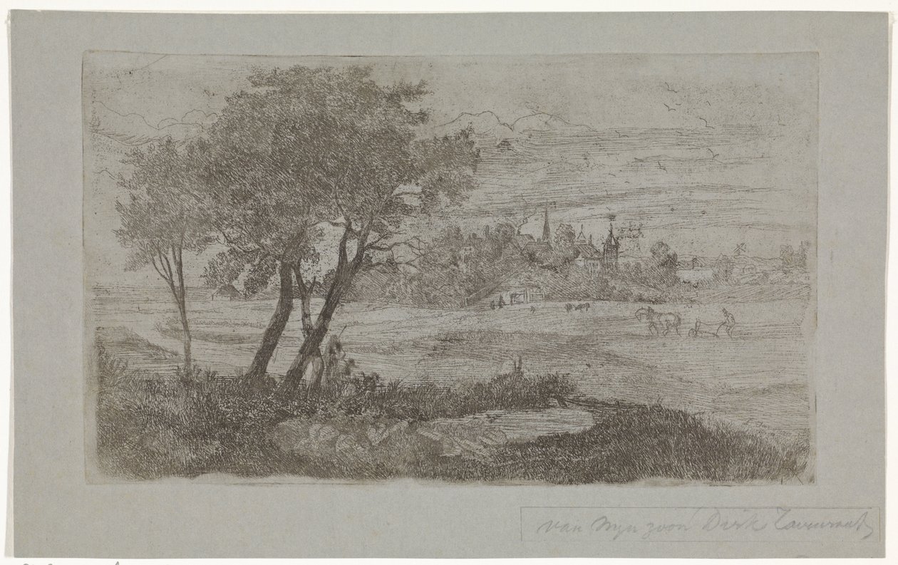 Paisaje con árboles en primer plano y un arado en el campo de Dirk Arnoldus Tavenraat