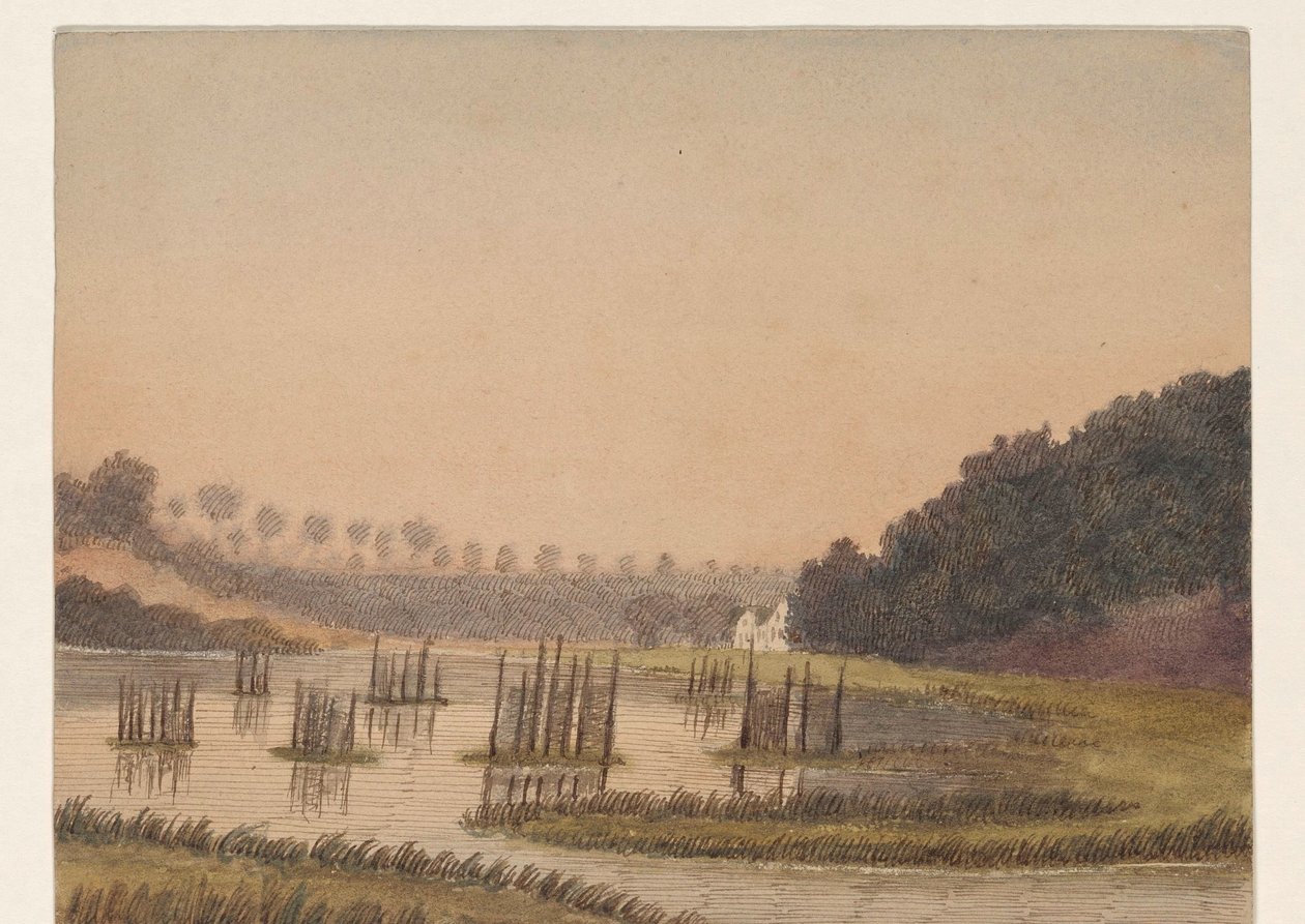 Paisaje pantanoso con un edificio en la distancia de Dirk Arnoldus Tavenraat