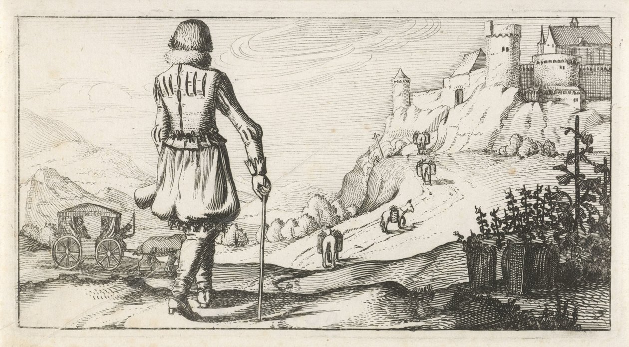 Hombre en gambeson en un paisaje de montaña Trajes de hombres y mujeres holandeses, 1622 (título de la serie) de Dirk Eversen Lons
