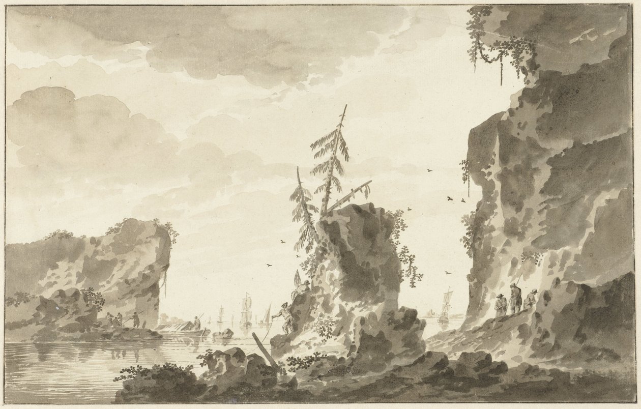 Costa rocosa con barcos y pescadores de Dirk Kuipers