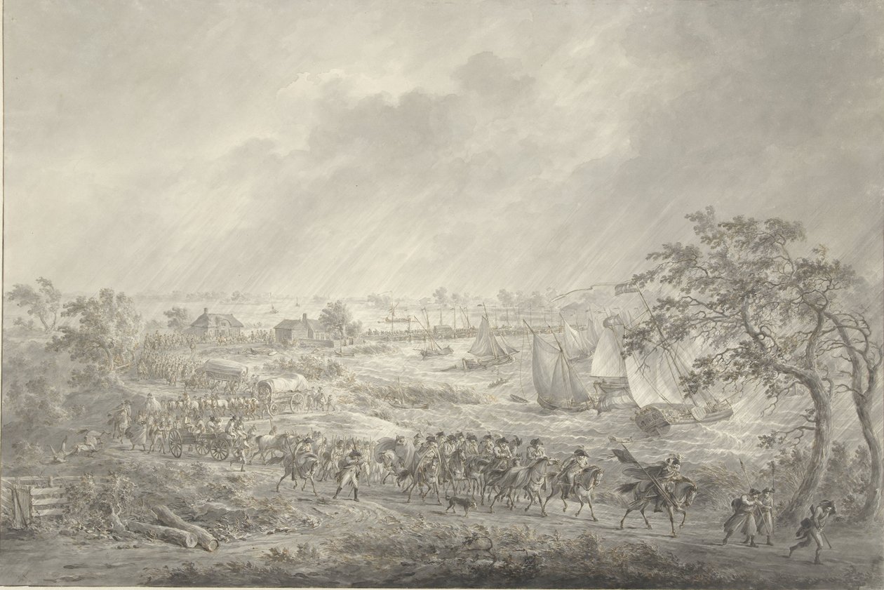 Cruce de las tropas inglesas y hannoverianas de Nijmegen a Lent por el puente de barcos sobre el Waal, 7 de noviembre de 1794 de Dirk Langendijk