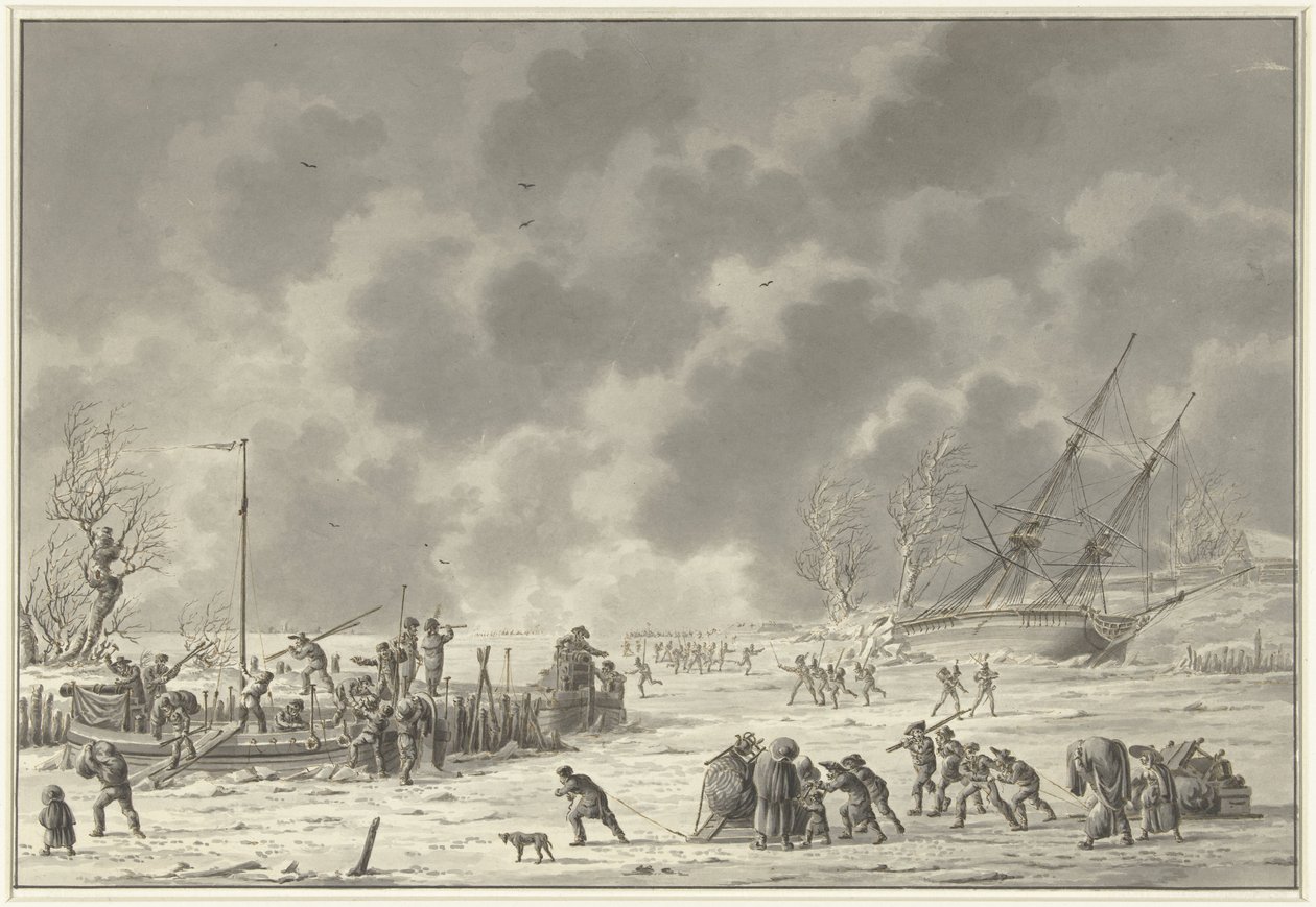 Vuelos del Landzaten en Texel, enero de 1795 La partida del Canonier Booten y el Vlugt del Landzaaten en el mes de diciembre de 1794 (título sobre el objeto) de Dirk Langendijk