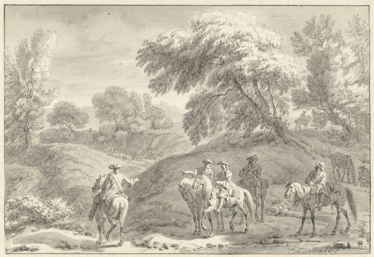 Paisaje montañoso con cazadores a caballo de Dirk Maas