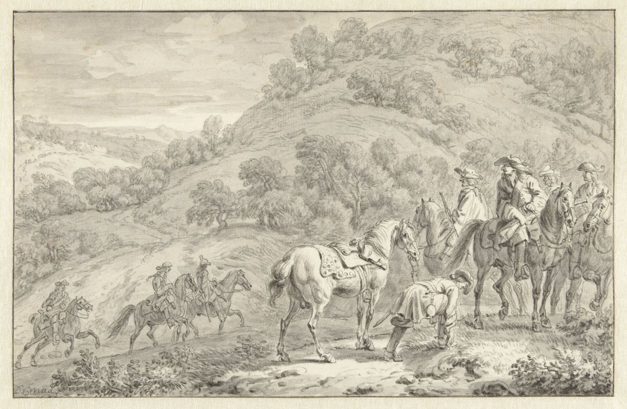 Paisaje de montaña con jinete a pie y otros cazadores a caballo de Dirk Maas
