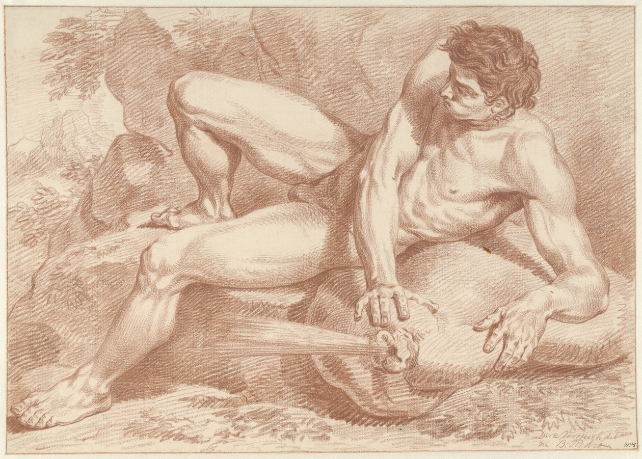 Desnudo masculino recostado, sobre una bolsa de la que sale aire de Dirk Versteegh