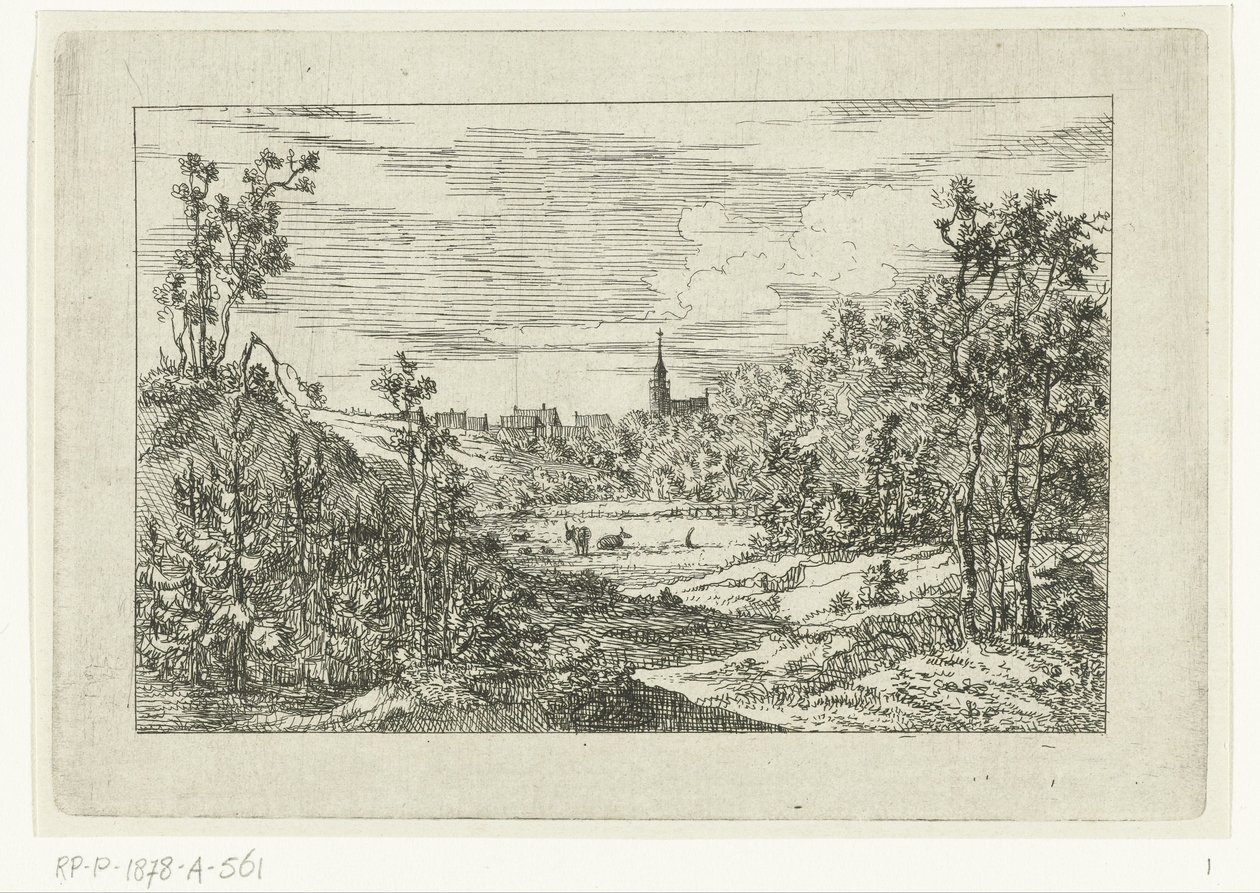 Paisaje de dunas y vista de casas e iglesia de Scheveningen de Dirk Vis Blokhuyzen
