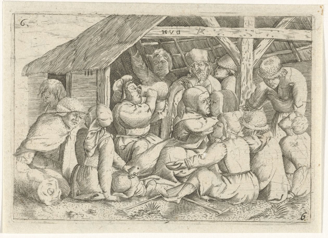 Mendigos en una comida en una choza de Dirk van Hoogstraten