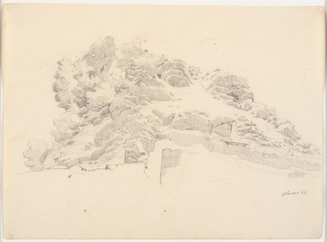 Paisaje rocoso con un pintor bajo una sombrilla de Ditlev Blunck