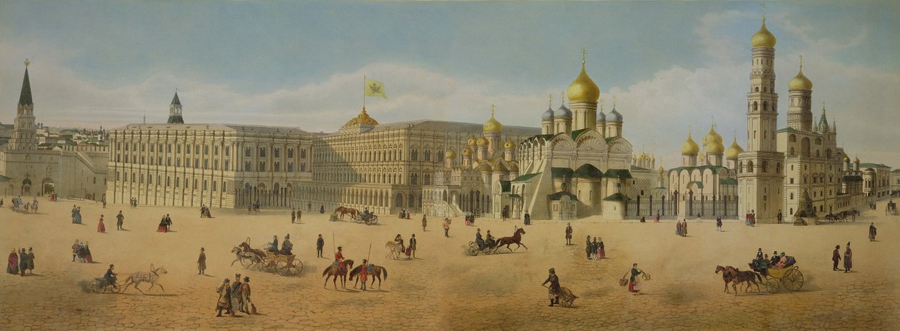 El Gran Palacio del Kremlin y las catedrales de la Anunciación y del Arcángel, de un panorama de Moscú, grabado por Philippe Benoist y Aubrun, publicado por Lemercier, c.1840 de Dmitri Indieitzeff