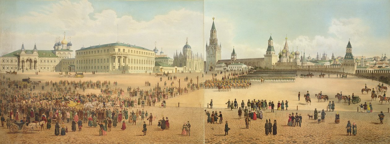 El Palacio Nikolaievsky y la Catedral de San Basilio vistos desde el Kremlin, de un panorama de Moscú, grabado por Philippe Benoist (1813-c.1905) y Aubrun, pub. por Lemercier, c.1840 de Dmitri Indieitzeff