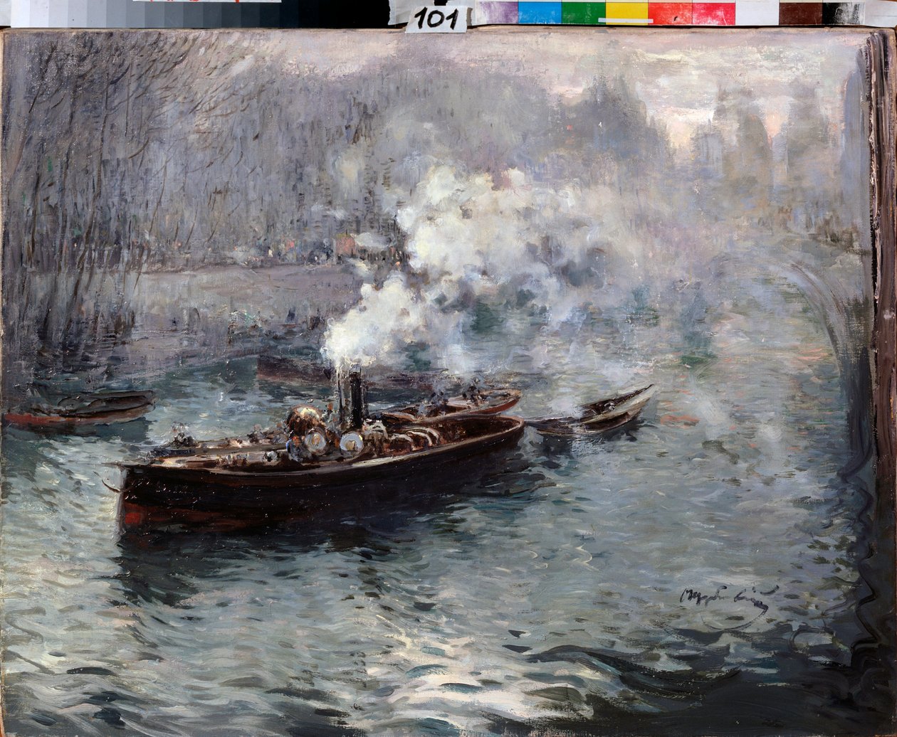 Un barco de vapor - Pintura de Dmitri Anfimovich Shcherbinovsky (1867-1926), óleo sobre lienzo de Dmitri Anfimovich Shcherbinovsky