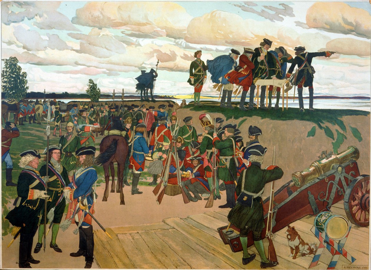 Fundación de la fortaleza de San Petersburgo por Pedro el Grande (1672-1725) en el siglo XVIII. (Fundación de la fortaleza de San Petersburgo). Obra de Dmitri Nikolayevich Kardovsky (Kardovski) (1866-1943), litografía de Dmitri Nikolayevich Kardovsky