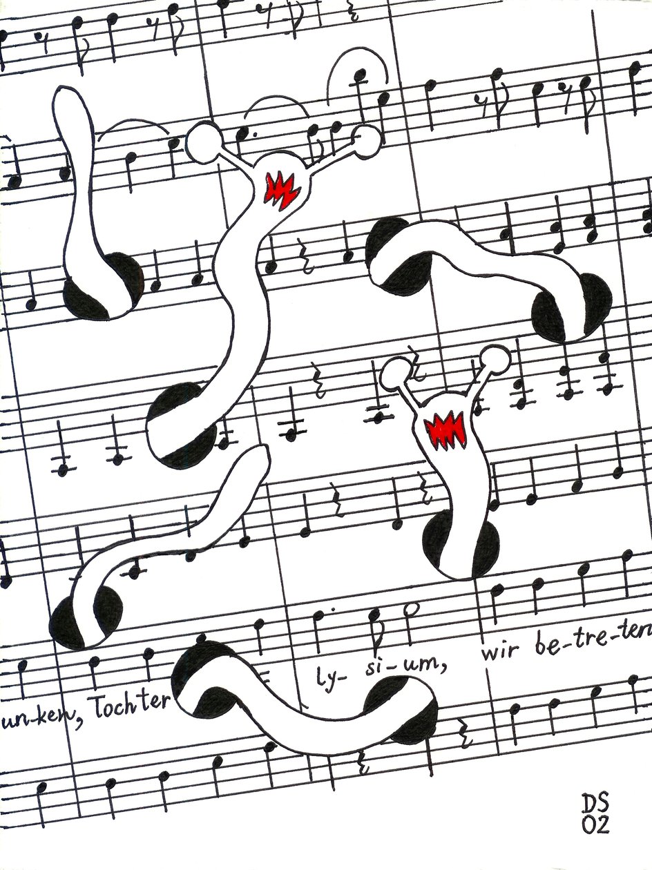 Fiesta de la alegría - dibujo de una partitura con gusanos comiéndose la página de Dmitri Smirnov