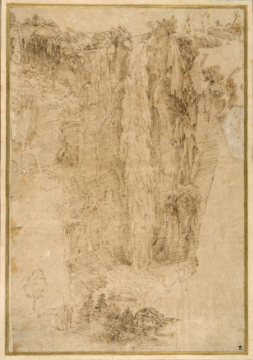 Paisaje con una cascada; al pie, dos hombres, uno montado de Domenichino