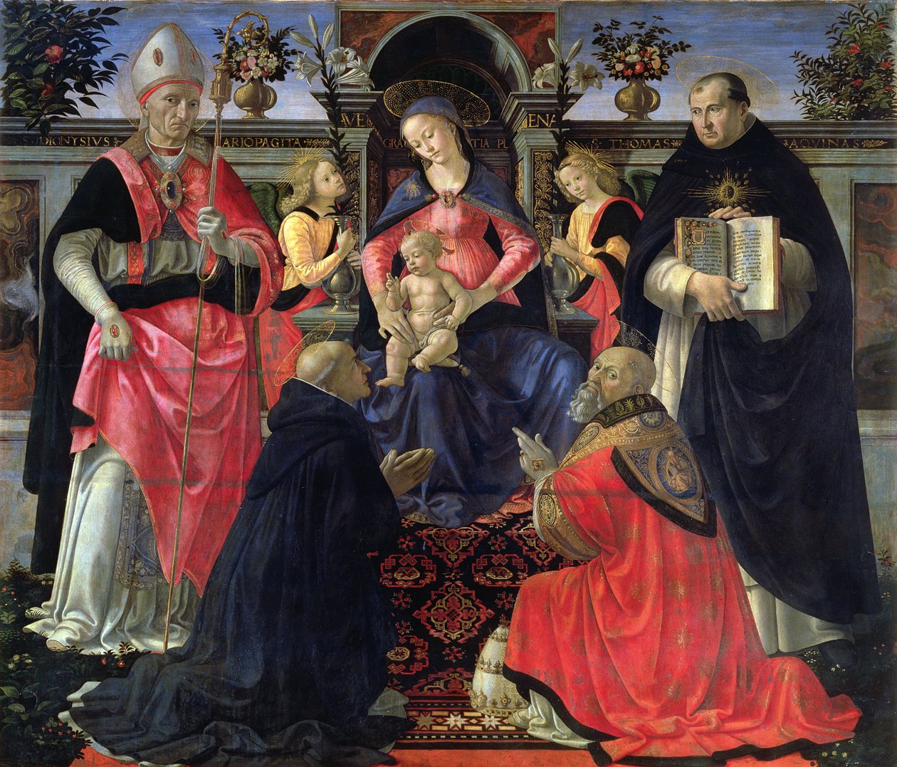 Madonna y el Niño entronizados con SS. Dionisio, Aeropagita, Domingo, Clemente y Tomás de Aquino, 1483 de Domenico Ghirlandaio