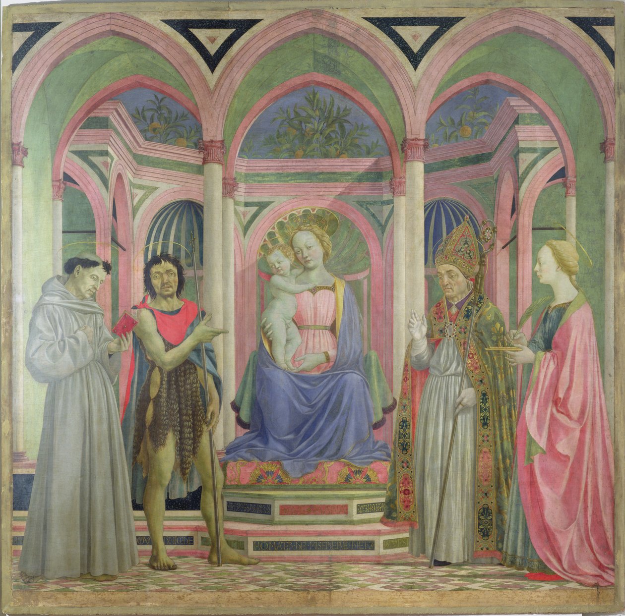Virgen y Niño flanqueados por Santa Lucía, San Nicolás, San Juan Bautista y San Francisco, c.1445-47 de Domenico Veneziano