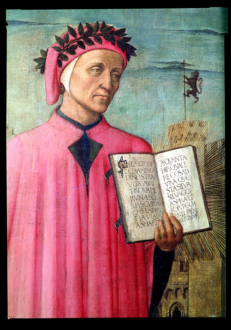 Dante leyendo la Divina Comedia, detalle de Dante Alighieri (detalle) de Domenico di Michelino