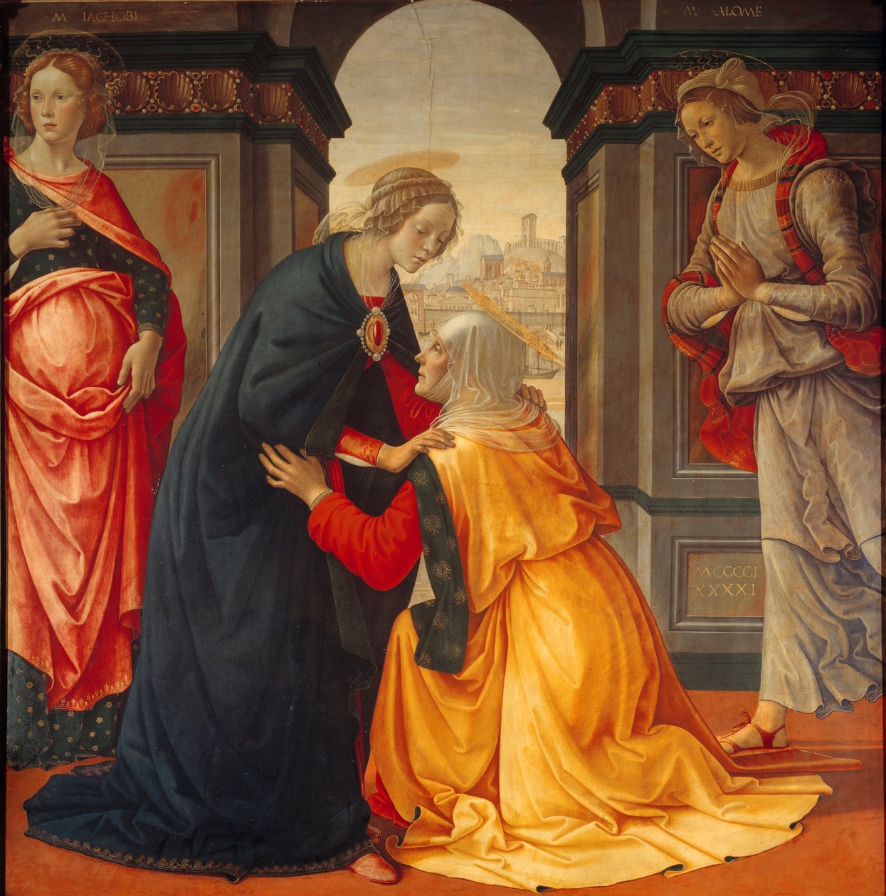 Visitación: la Virgen María visita a Isabel, entre María Jacobea y María Salomé, testigos de la Crucifixión y Resurrección de Domenico Ghirlandaio