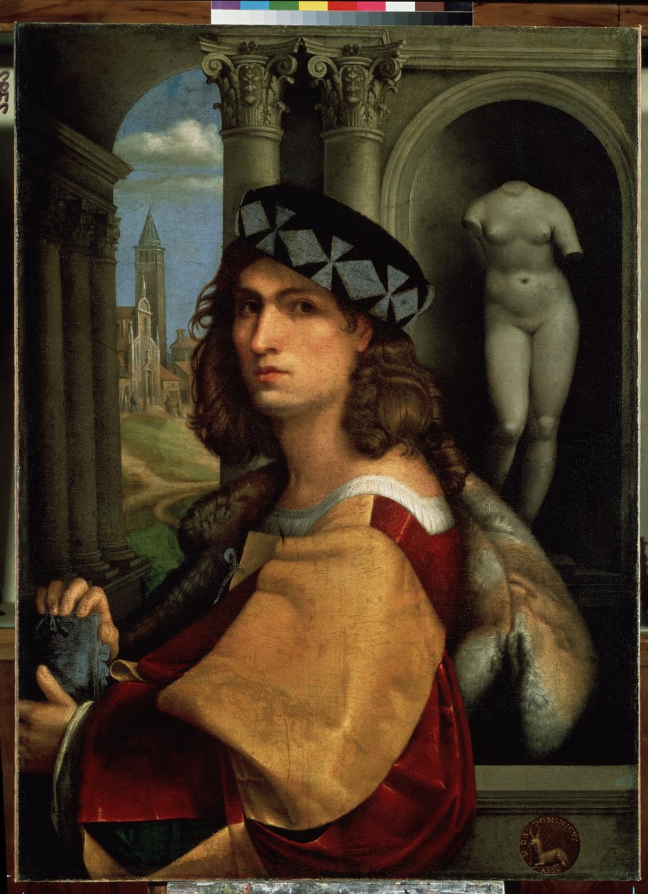 ""Retrato de un hombre joven o autorretrato"" (Retrato de un hombre o Autorretrato) Pintura de Domenico di Bernardo Capriolo (Caprioli) (1494-1528) 1512 Dim. 117x85 cm Museo del Hermitage, San Petersburgo (San- Petersburgo) Petersburgo) de Domenico (attr.to) Capriolo