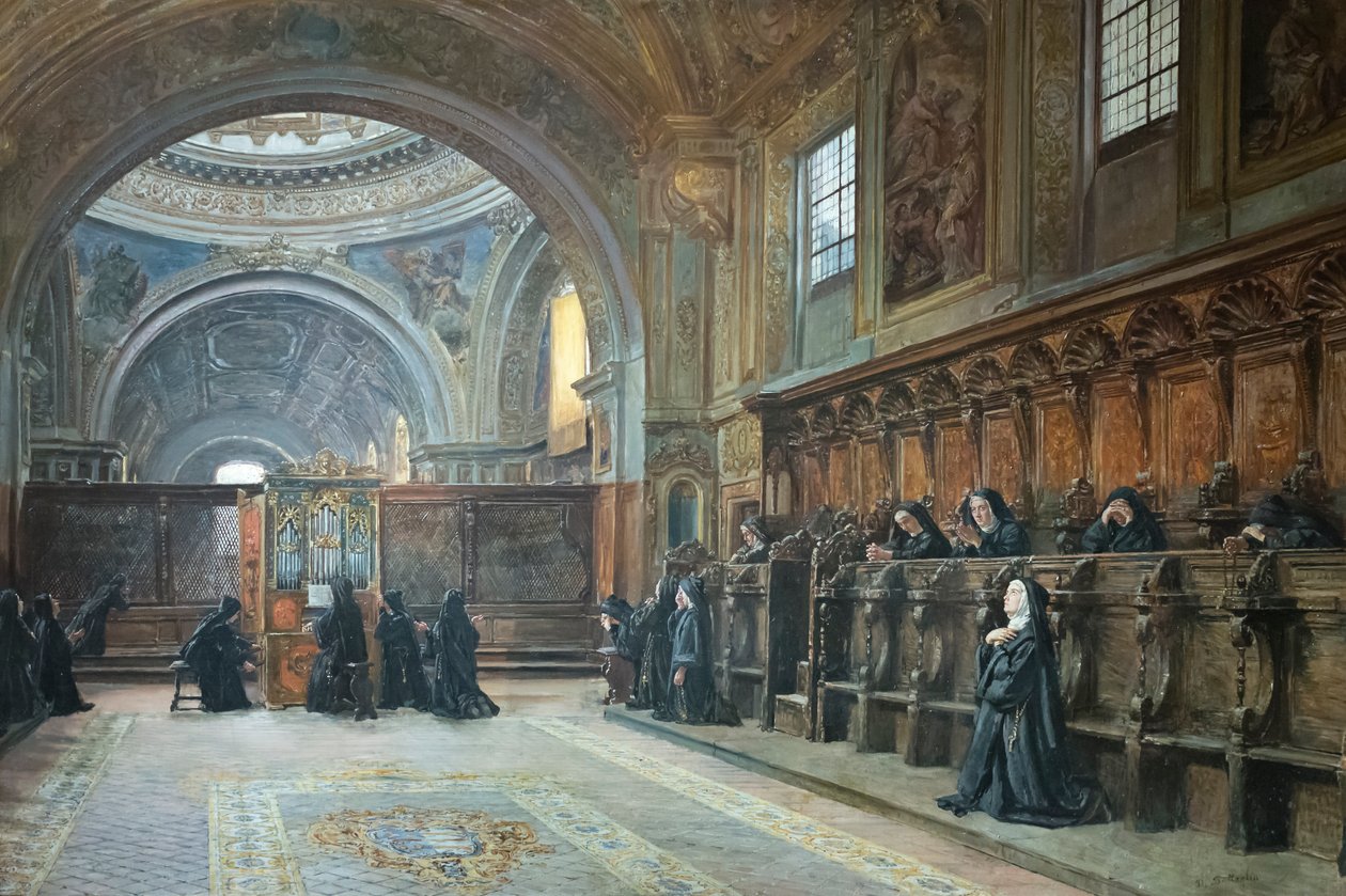 El coro de la iglesia de Santa María Donnaregina nuova, segunda mitad del siglo XIX (óleo sobre lienzo) de Domenico Battaglia