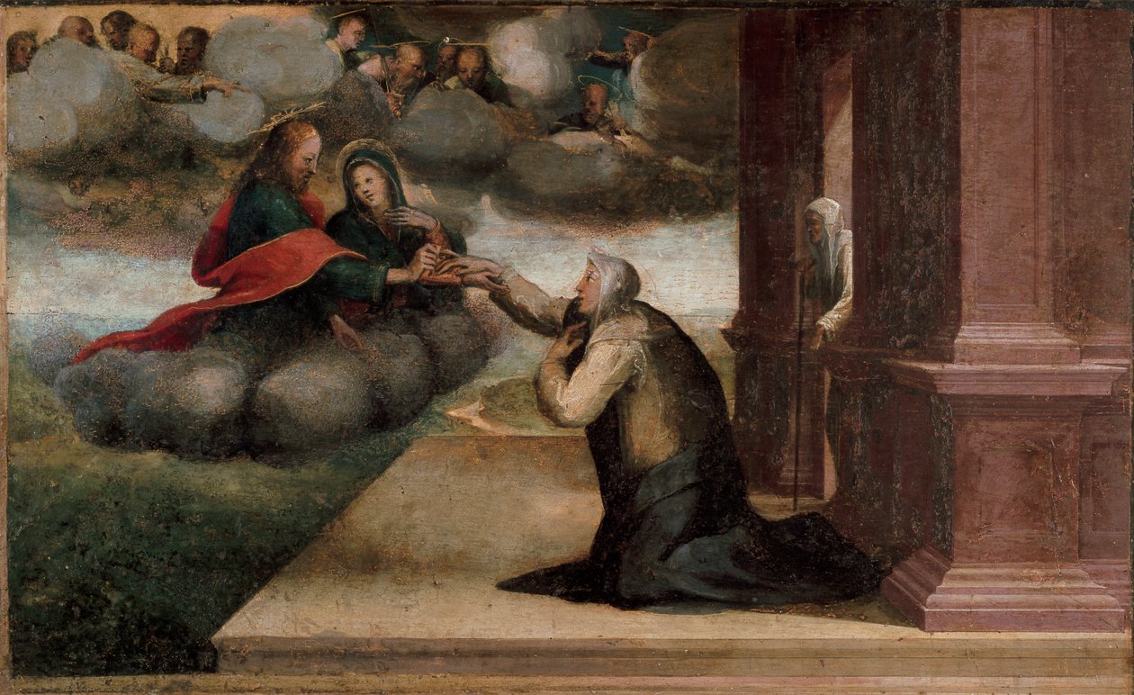 Retablo de los estigmas de Santa Catalina. Detalle de la predela: El matrimonio místico de Santa Catalina de Siena de Domenico Beccafumi