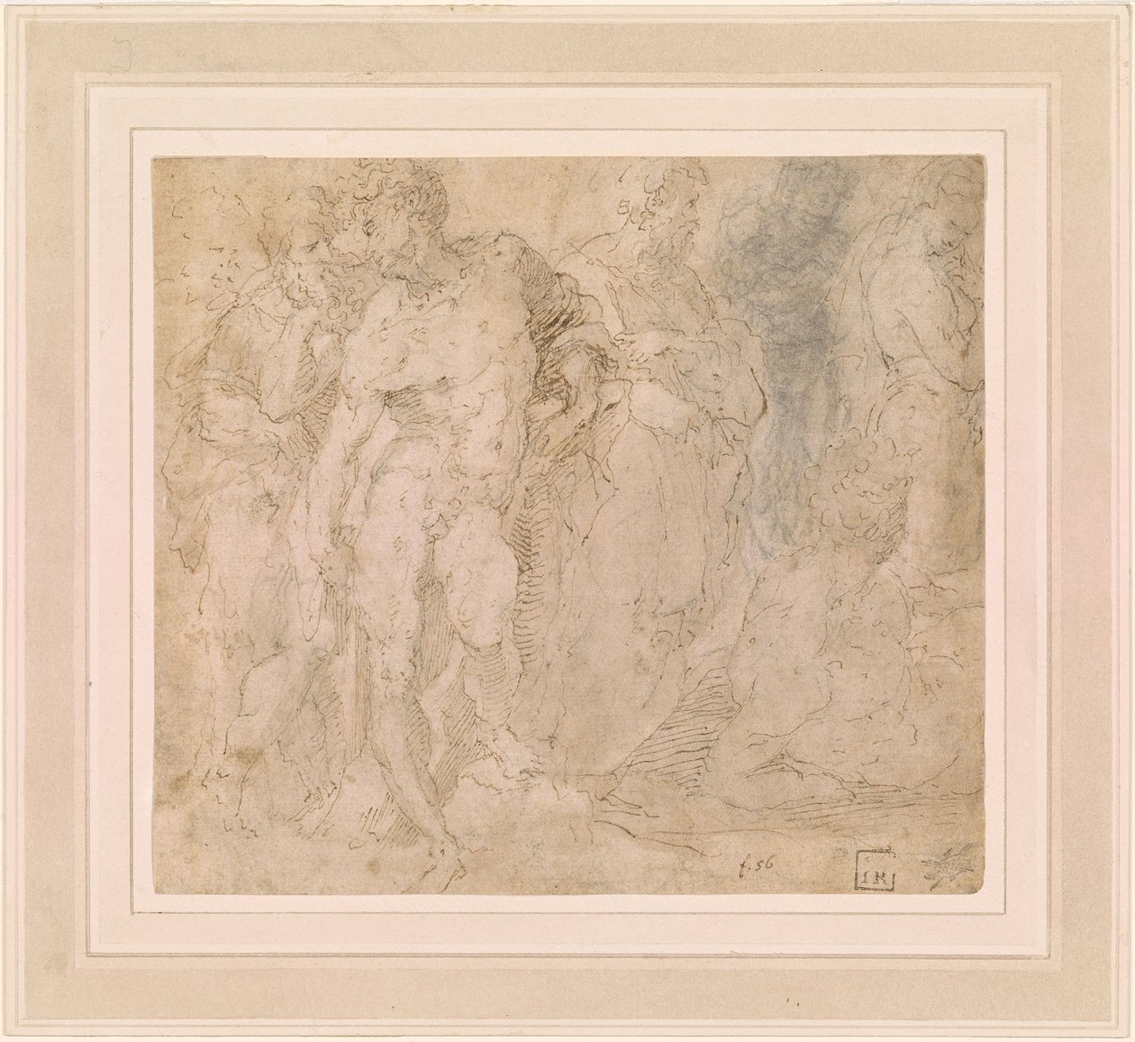 Beccafumi - Desnudo masculino de pie entre un grupo de figuras, una de ellas reclinada, ca. 1530-1540 de Domenico Beccafumi