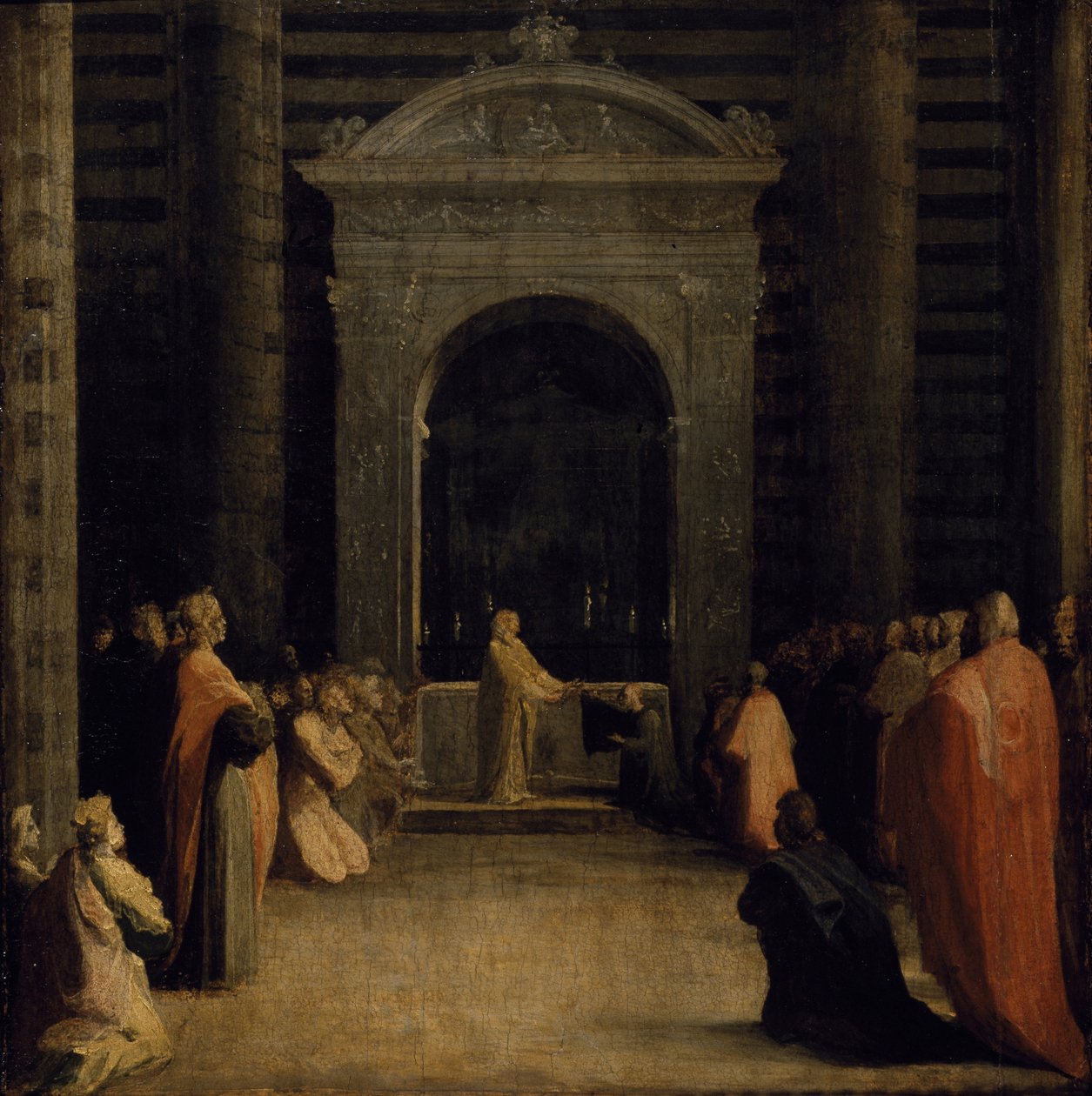 La Ofrenda de las Llaves de la Ciudad de Siena a la Virgen, en o después de 1526 de Domenico Beccafumi