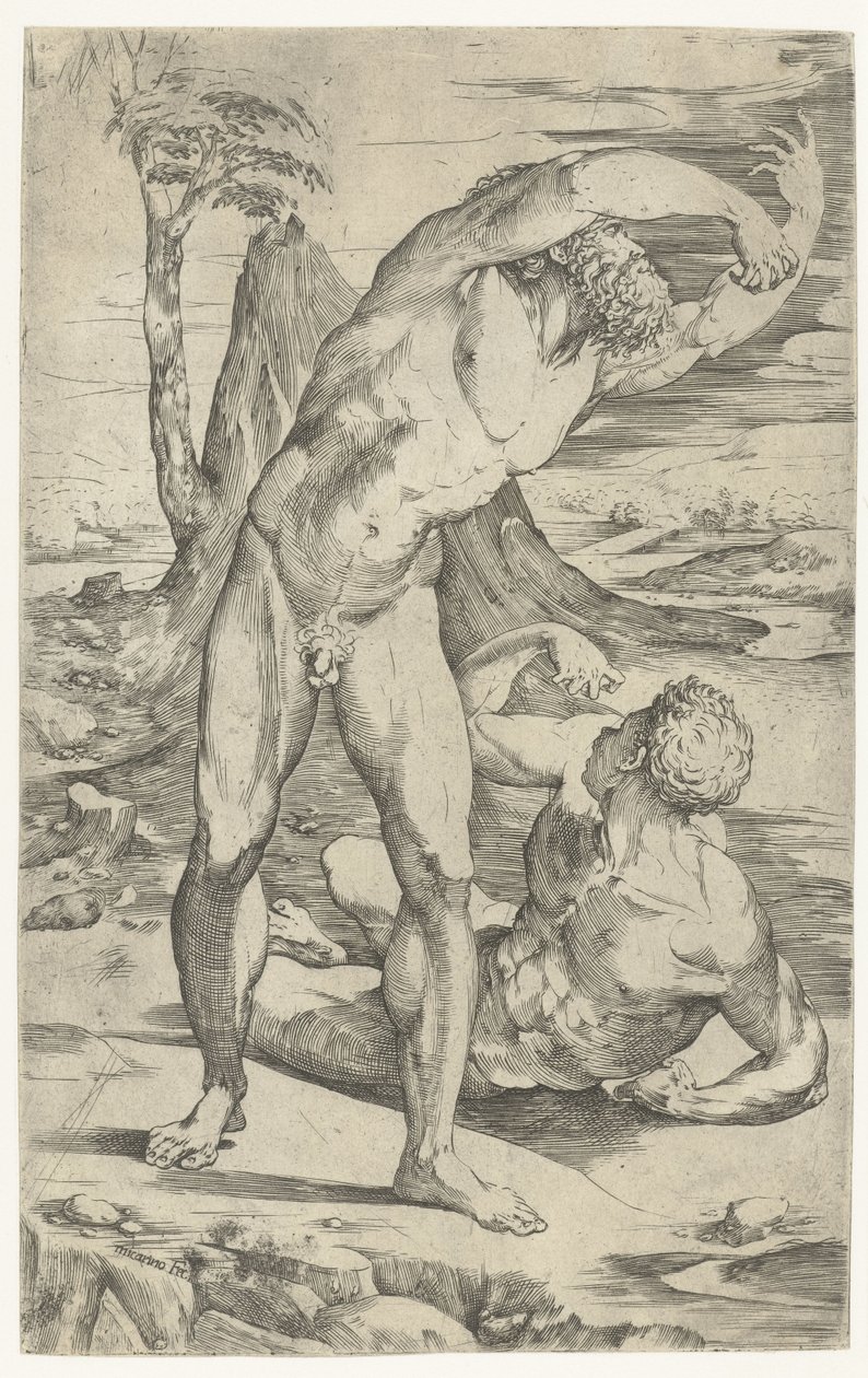Dos hombres desnudos en un paisaje. de Domenico Beccafumi