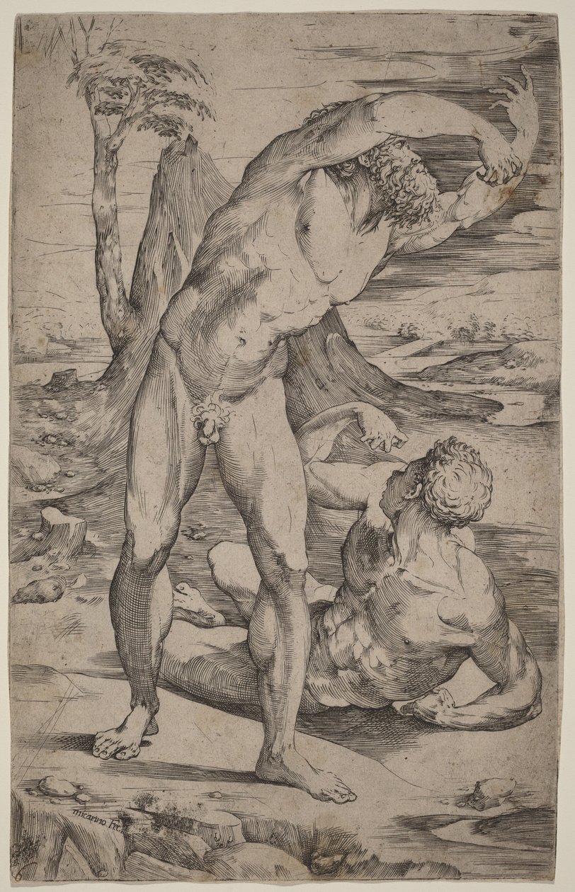 Dos desnudos masculinos gesticulando en un paisaje de Domenico Beccafumi