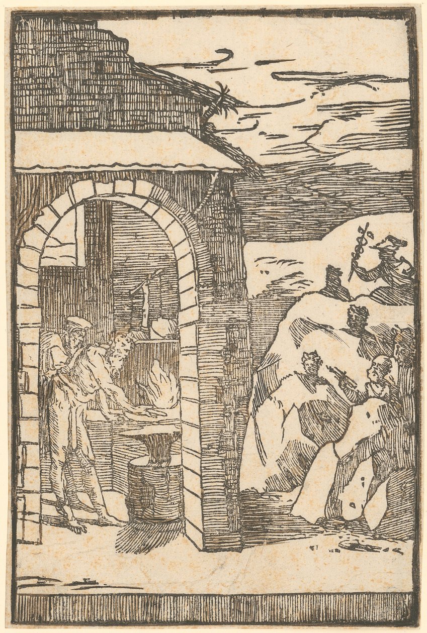 Vulcano y el filósofo (Teoria) trabajan en la forja, mientras que fuera los metales se esconden entre las rocas, lámina 1 de la serie «De la Pirotechnia» de Domenico Beccafumi