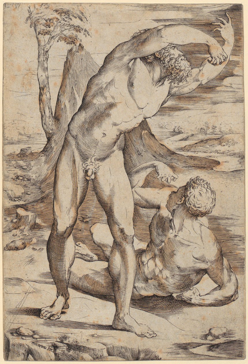Dos hombres desnudos en un paisaje de Domenico Beccafumi