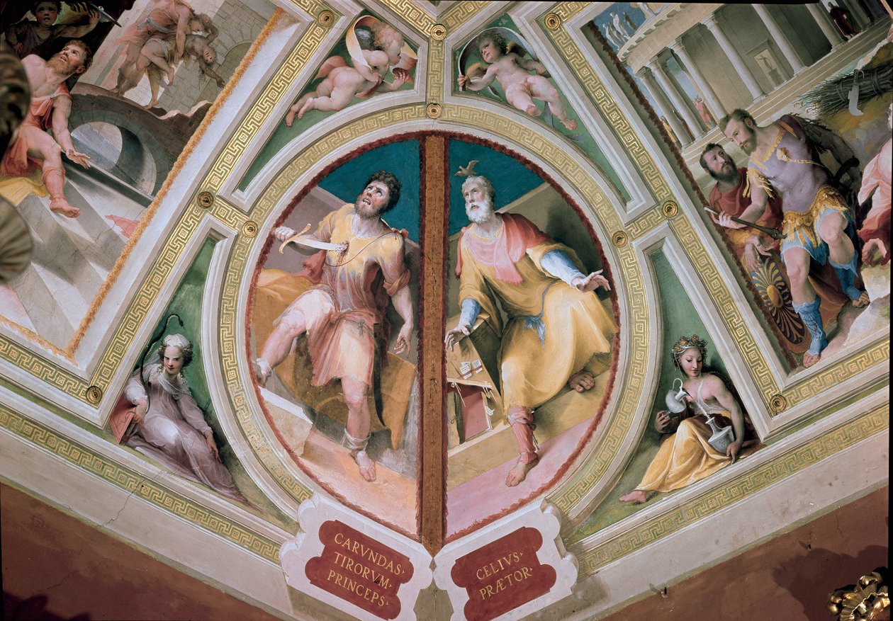 El legislador griego Charondas (siglo VII a.C.) clavando una espada en el pecho y el pretor romano Celius de Domenico Beccafumi
