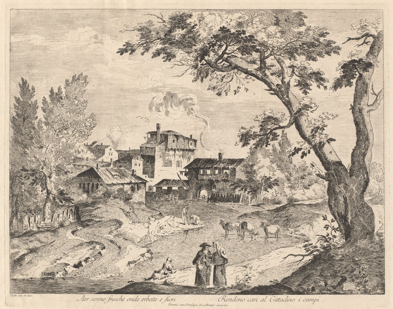 Aldea rústica junto a un río con viajeros de Domenico Bernardo Zilotti
