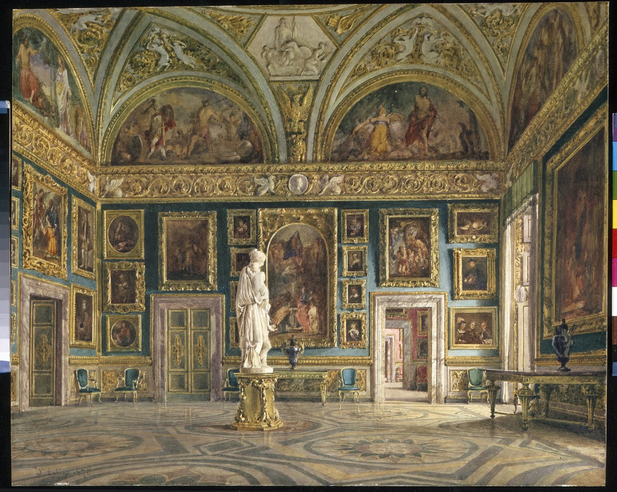 La Sala de la Ilíada (Galería Palatina) del Palacio Pitti de Florencia (Italia) (La Sala de la Ilíada del Palacio Pitti de Florencia). Pintura de Domenico Caligo (?-1880), óleo sobre lienzo. Arte italiano, segunda mitad del siglo XIX, neoclasicismo. Estado de Domenico Caligo