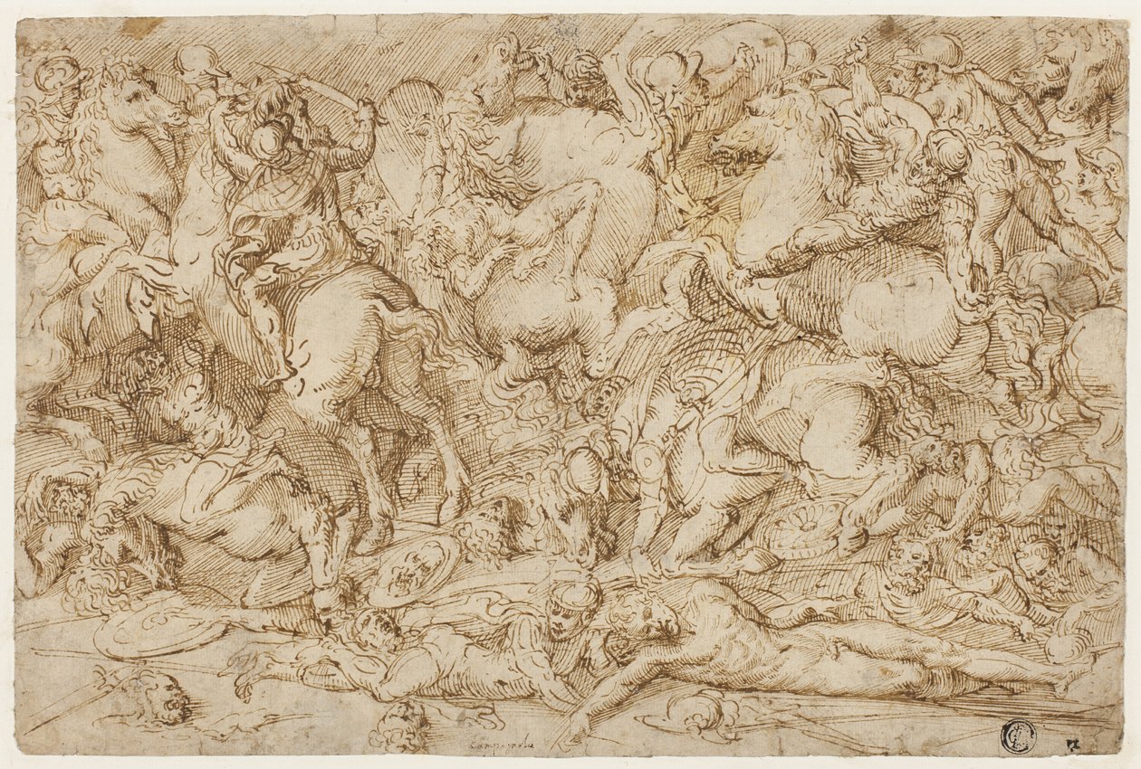 Escena de batalla con caballos y hombres de Domenico Campagnola