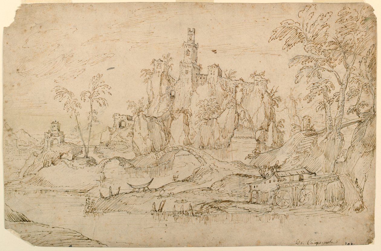 Paisaje de fantasía con molino de agua de Domenico Campagnola