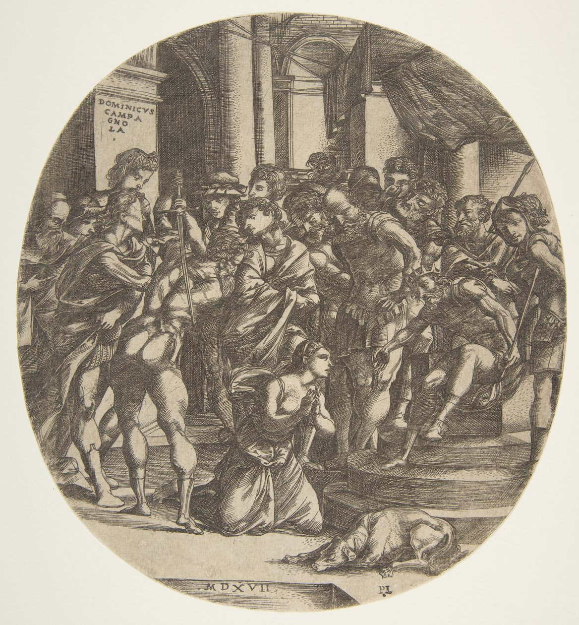 Figura femenina Santa Catalina arrodillada en el suelo en el centro suplicando a una figura masculina, 1517 de Domenico Campagnola