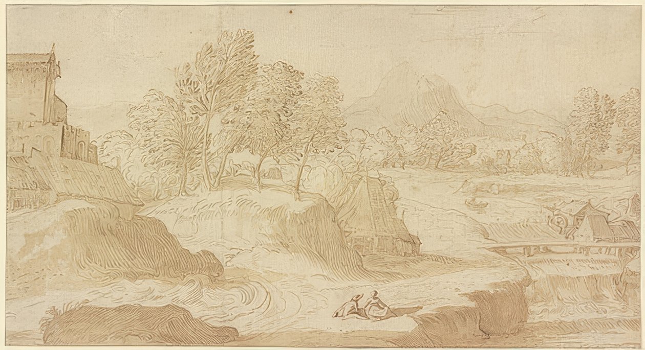 Paisaje figurativo, a la derecha un río con un puente cerca de molinos, al frente dos figuras sentadas de Domenico Campagnola