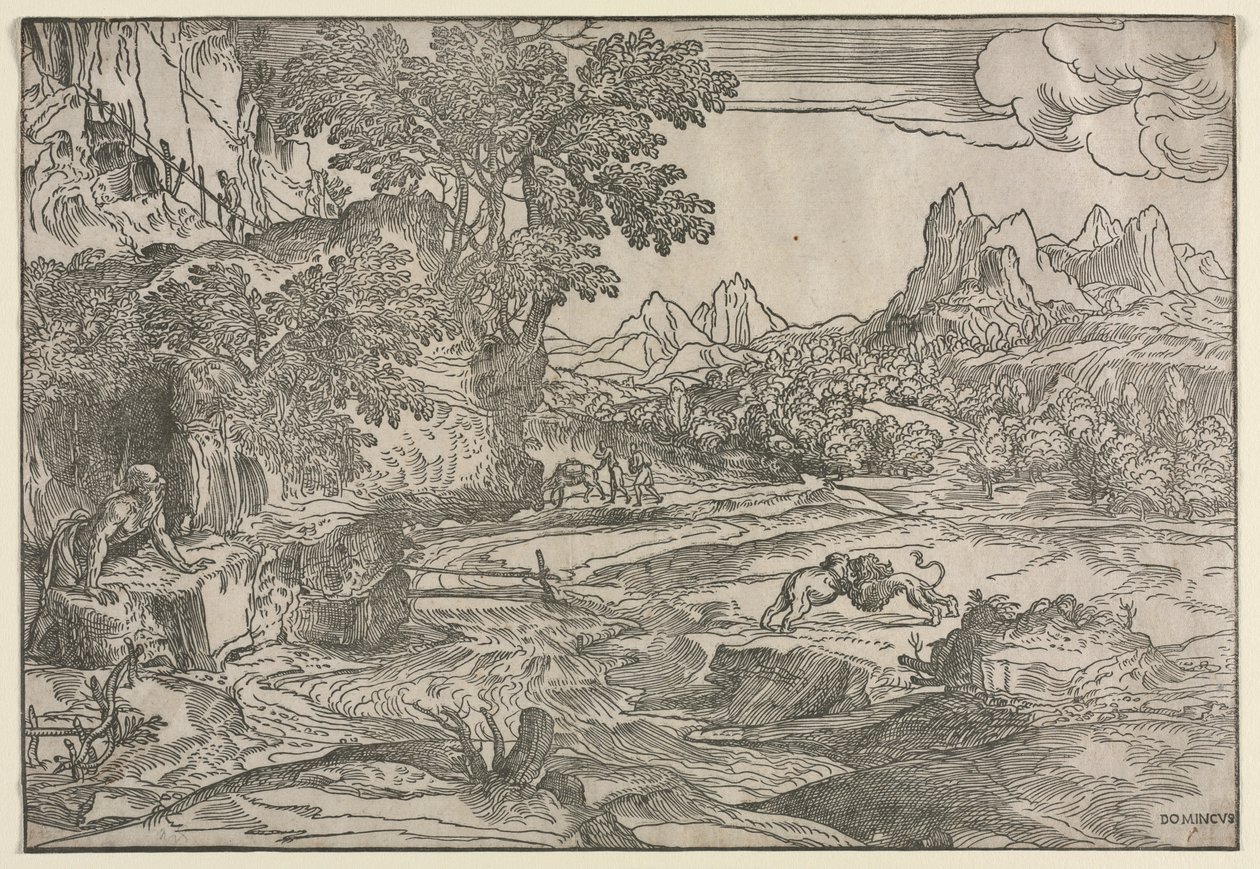 Paisaje con San Jerónimo y dos leones, c. 1530-35 de Domenico Campagnola