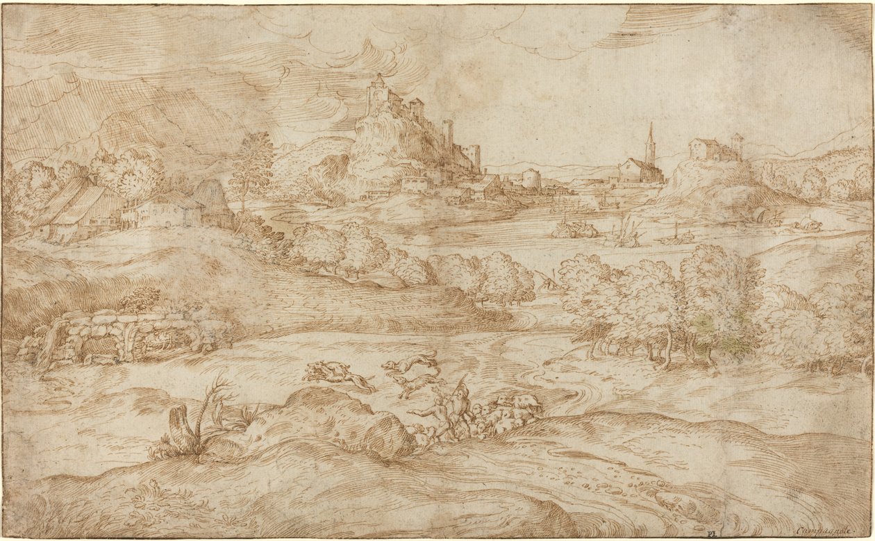 Paisaje con Pastores Ahuyentando un Lobo de Domenico Campagnola