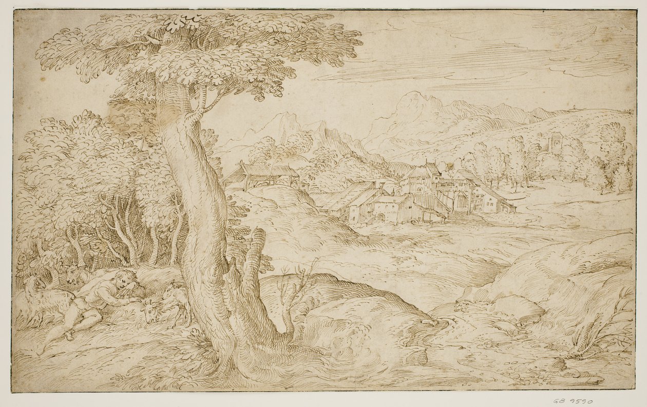 Paisaje con una ciudad y un pastor durmiendo de Domenico Campagnola