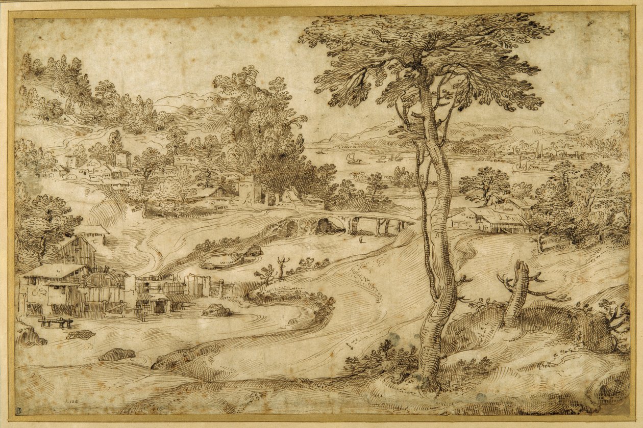 Paisaje con un río serpenteante de Domenico Campagnola