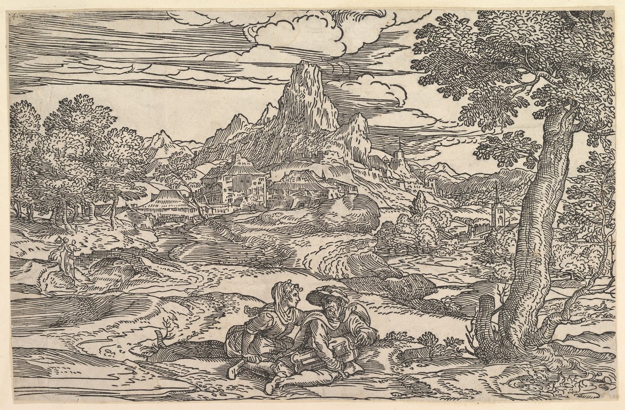 Paisaje con una mujer sentada junto a un hombre tocando una zanfona de Domenico Campagnola