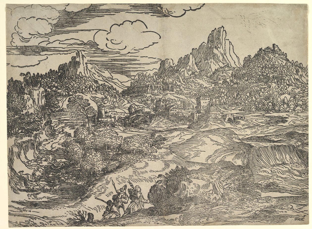 Paisaje con familia caminando junta en primer plano, a la izquierda dos figuras con..., ca. 1535-40 de Domenico Campagnola