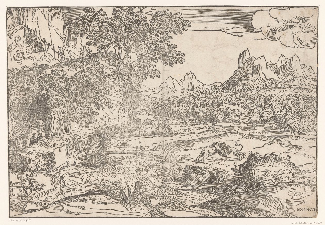 Paisaje con Hieronymus y dos leones de Domenico Campagnola