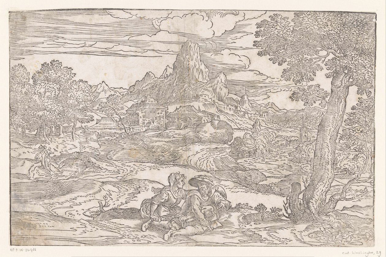 Paisaje con una pareja con zanfoña de Domenico Campagnola